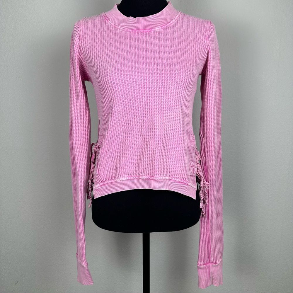 Free People Cropped Interlaken Waffle Knit Pink XS Thermal Top Cutout Bow Ties